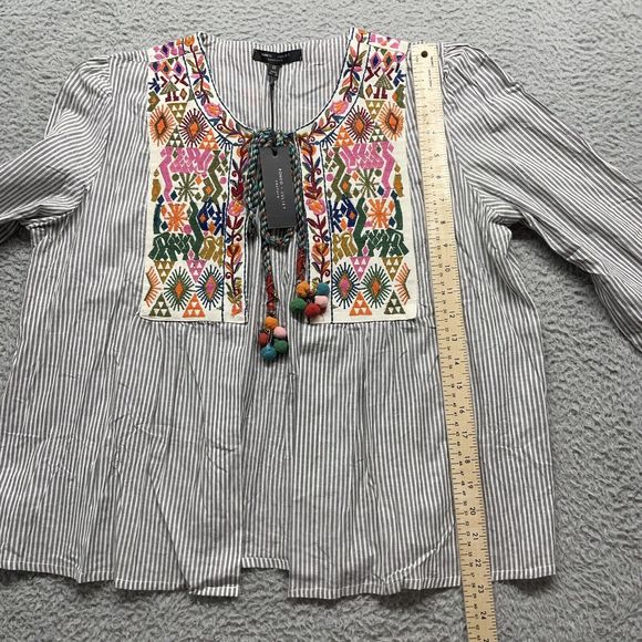 Boho Blouse Womens Medium Blue Striped Embroidery Open Front Top Farmhouse NWT - Picture 14 of 15